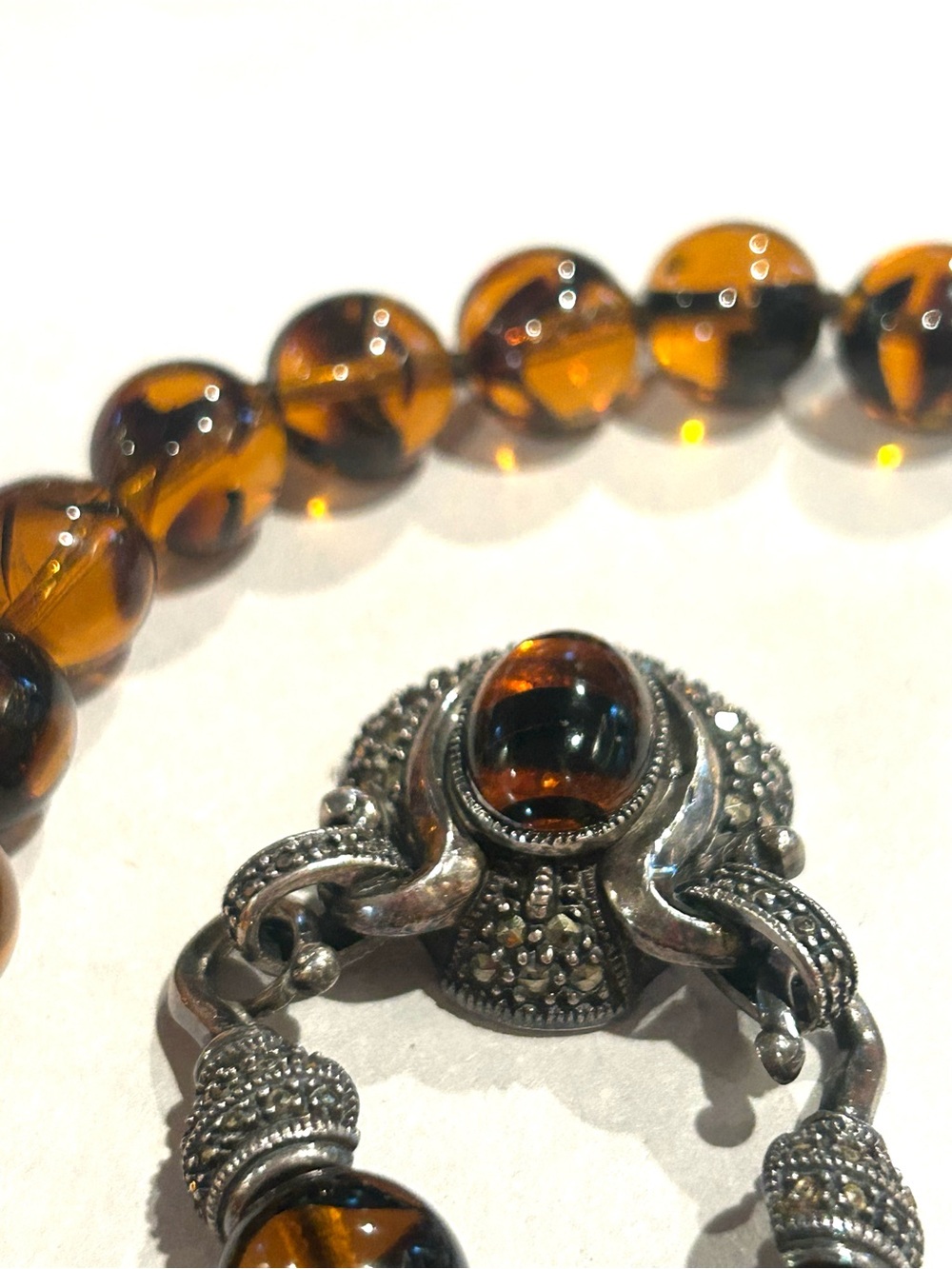 Judith Jack Amber Brown Glass Bead Necklace with Ornate Steeling Silver Clasp